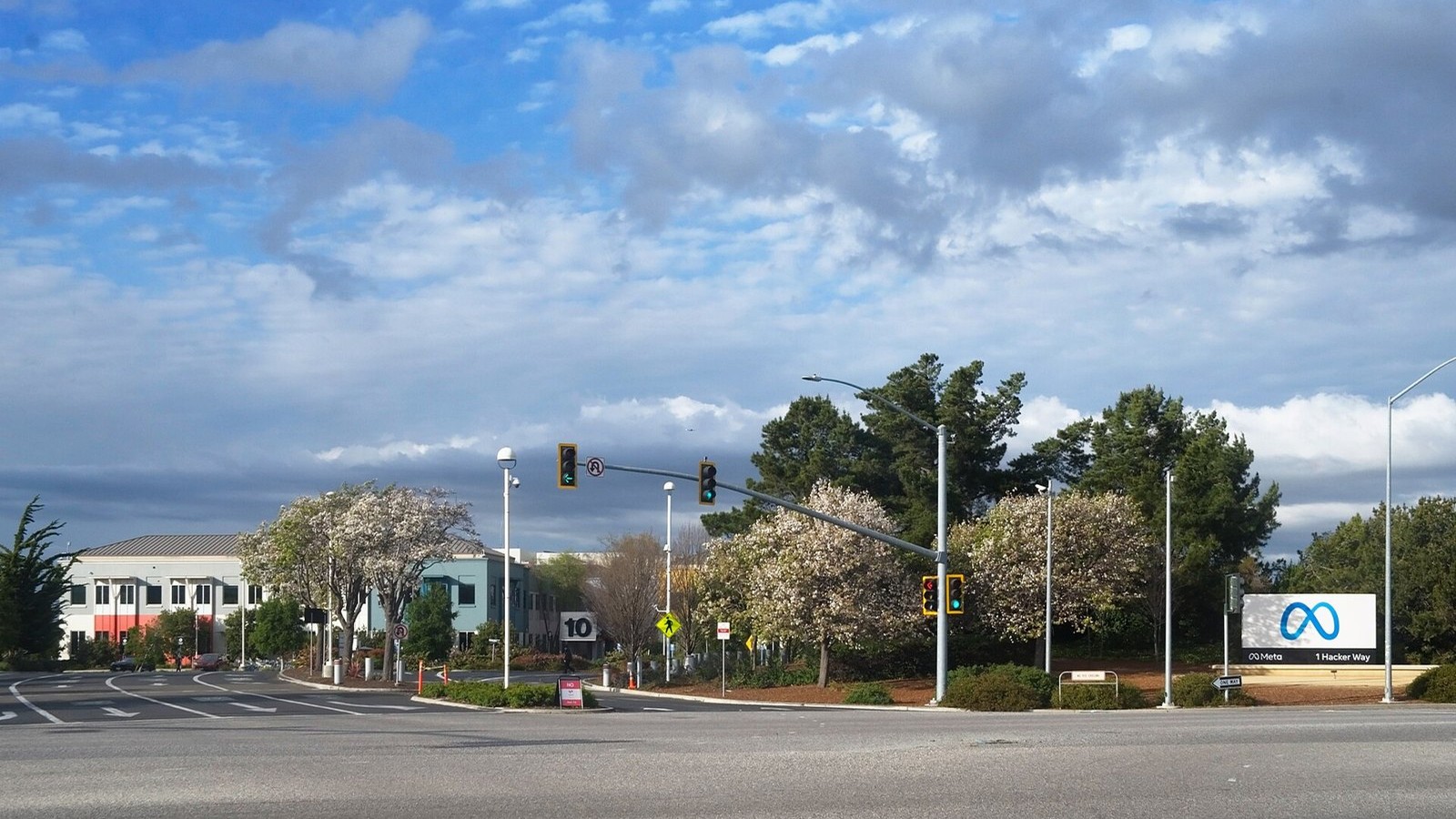 Meta Platforms headquarters entrance at 1 Hacker Way in Menlo Park, California
