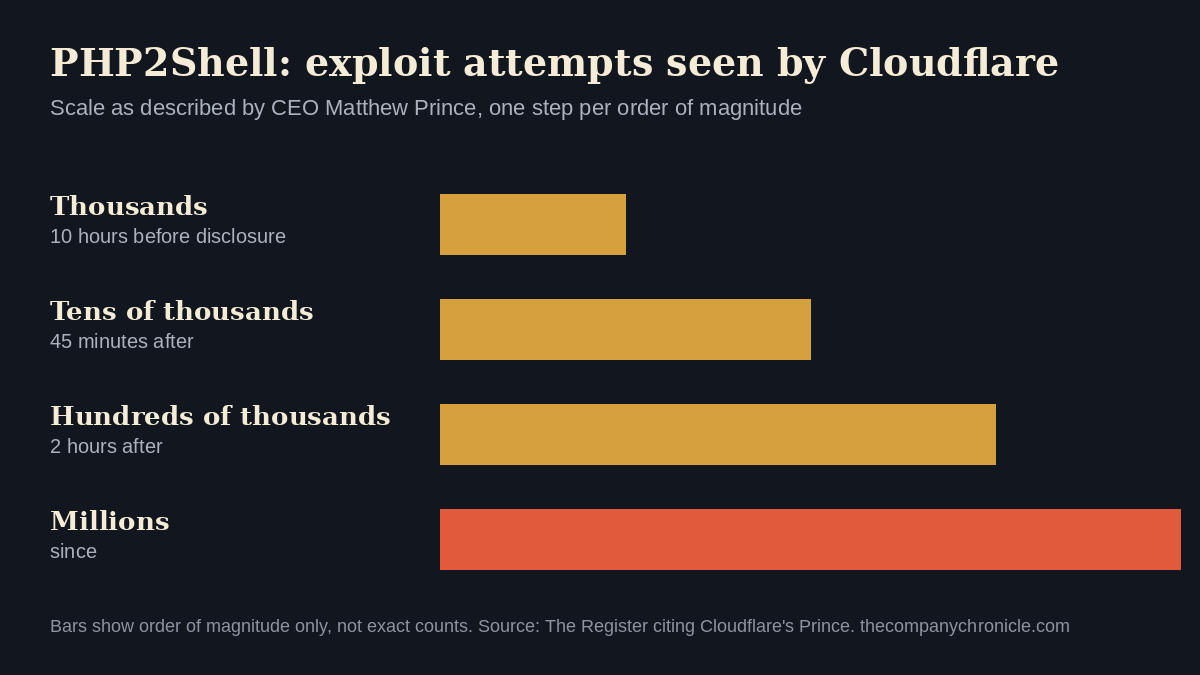 Bar chart of PHP2Shell exploit attempts seen by Cloudflare rising from thousands to millions
