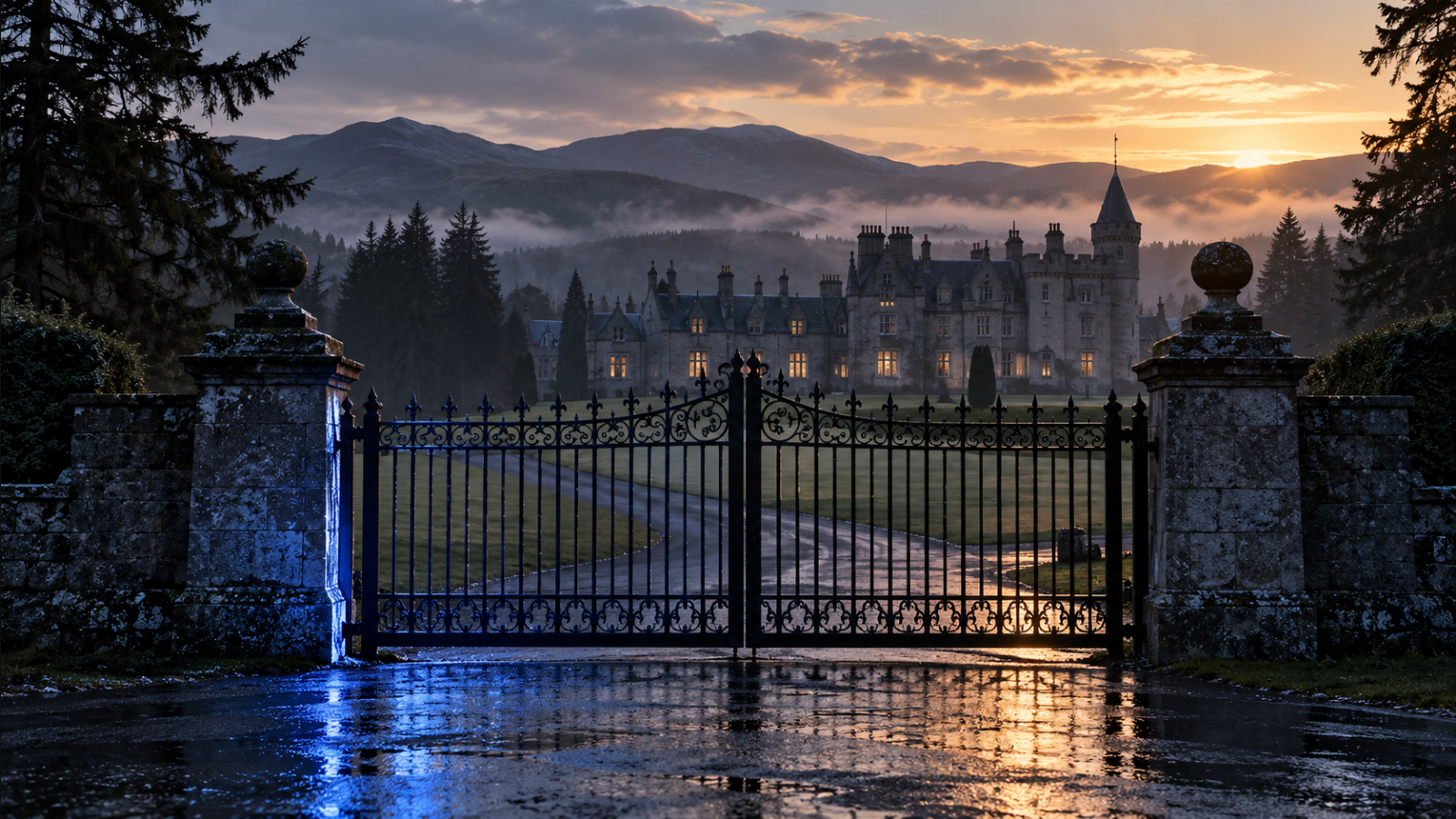 Editorial illustration of a closed gate before a Scottish Highland estate at dawn