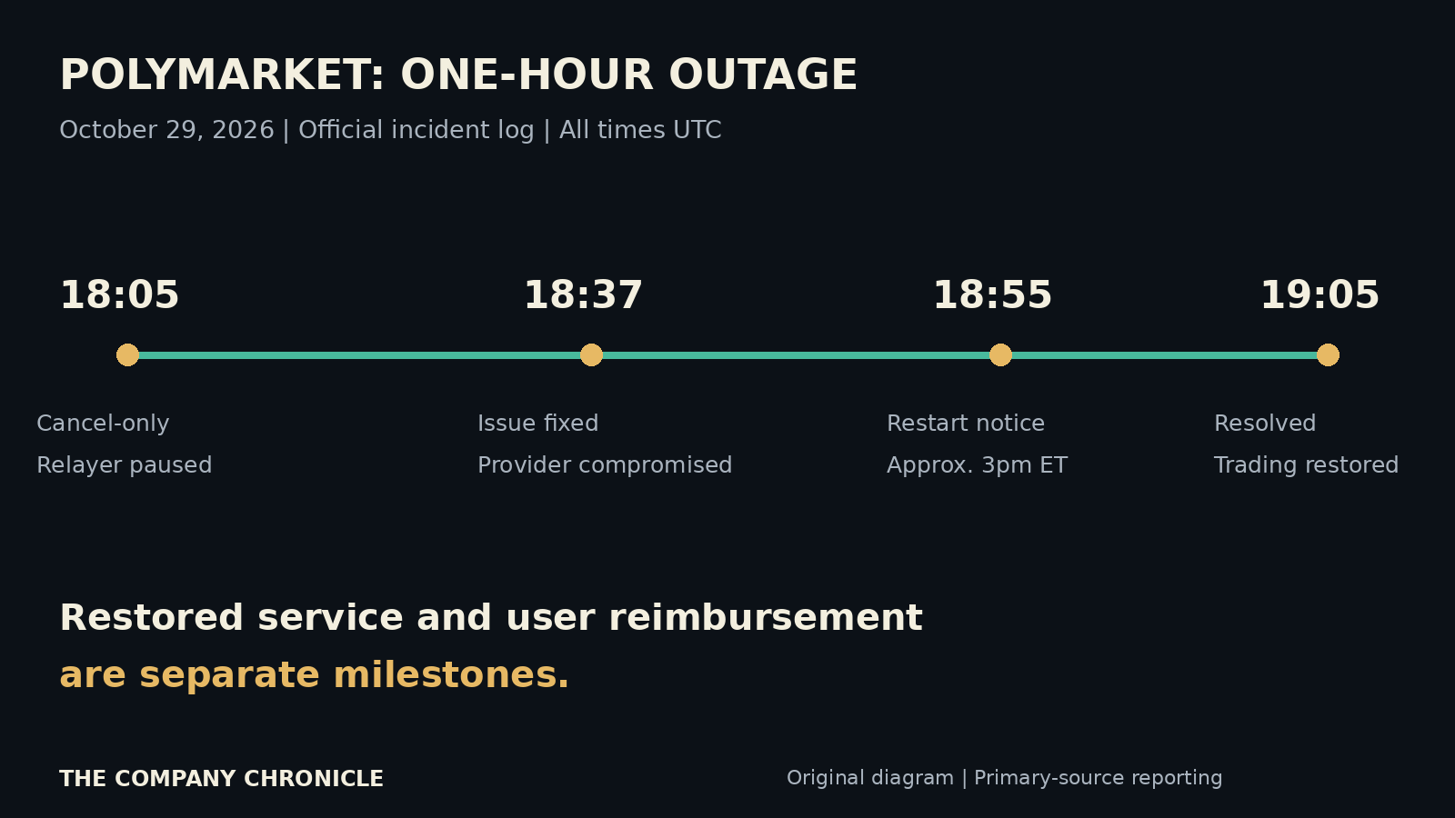 Polymarket’s official incident timeline, in UTC: investigation at 18:05, issue identified at 18:37, restart notice at 18:55 and resolution at 19:05.