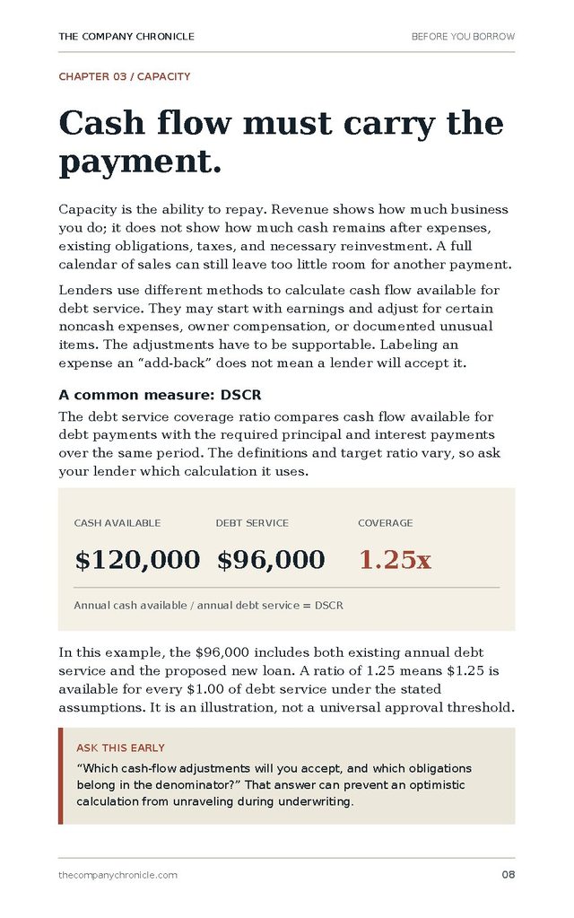 Sample page: cash flow must carry the payment, with a DSCR example